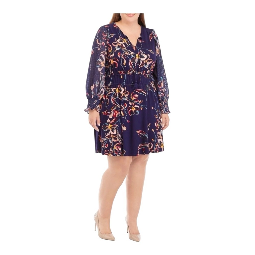 Cupio Navy Floral Long Sheer Sleeve Dress - Picture 3 of 12